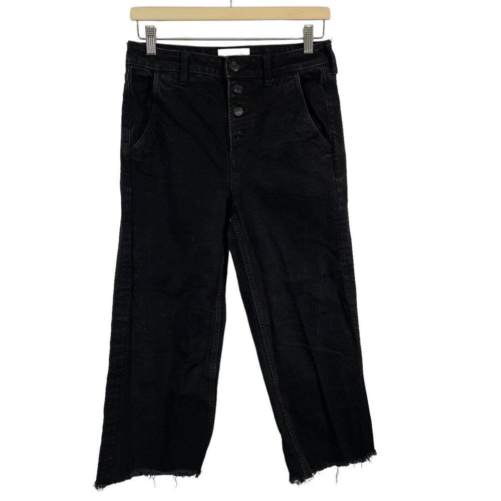 Everlane Women's 29 Black Denim The Wide Leg Ankle Jean Raw Hem Exposed Buttons